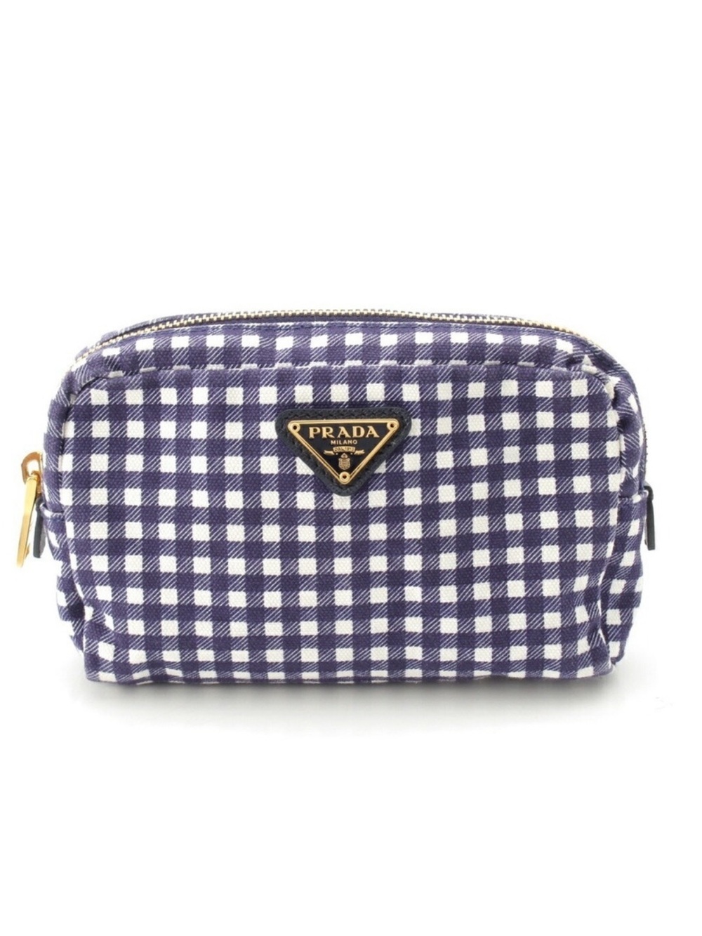 Prada Navy and White Gingham Zip Cosmetic Case